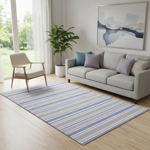 HomeRoots 5' X 8' Navy Blue & Lavender Striped Washable Area Rug - Durable, UV-Protected for Busy Homes! 647838