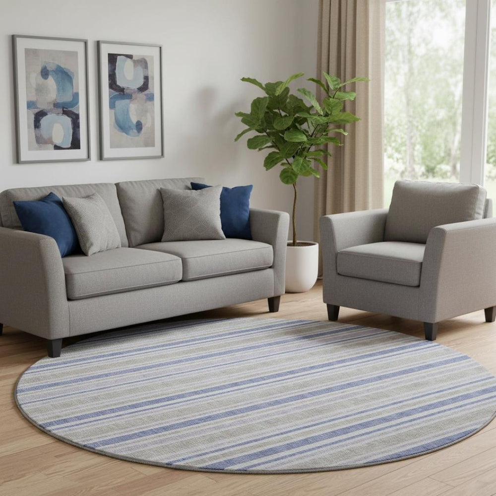 HomeRoots 8' Navy Blue & Lavender Striped Washable Round Rug - Durable, Stain-Resistant, UV Protected Design 647839