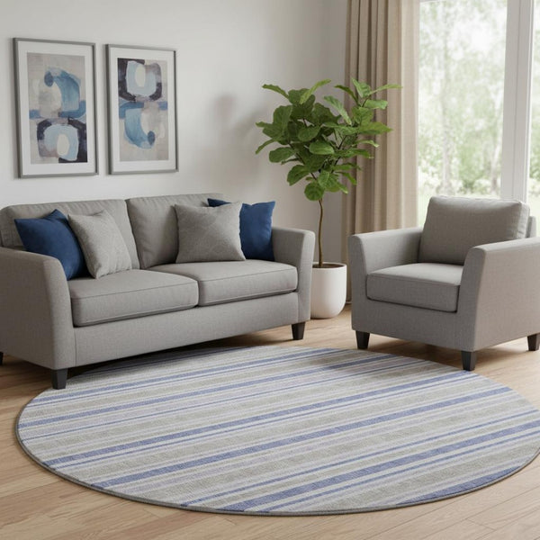 HomeRoots 8' Navy Blue & Lavender Striped Washable Round Rug - Durable, Stain-Resistant, UV Protected Design 647839