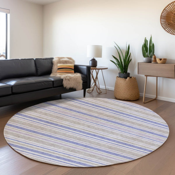 HomeRoots 8' Navy Blue & Lavender Striped Washable Round Rug - Durable, Stain-Resistant, UV Protected Design 647839