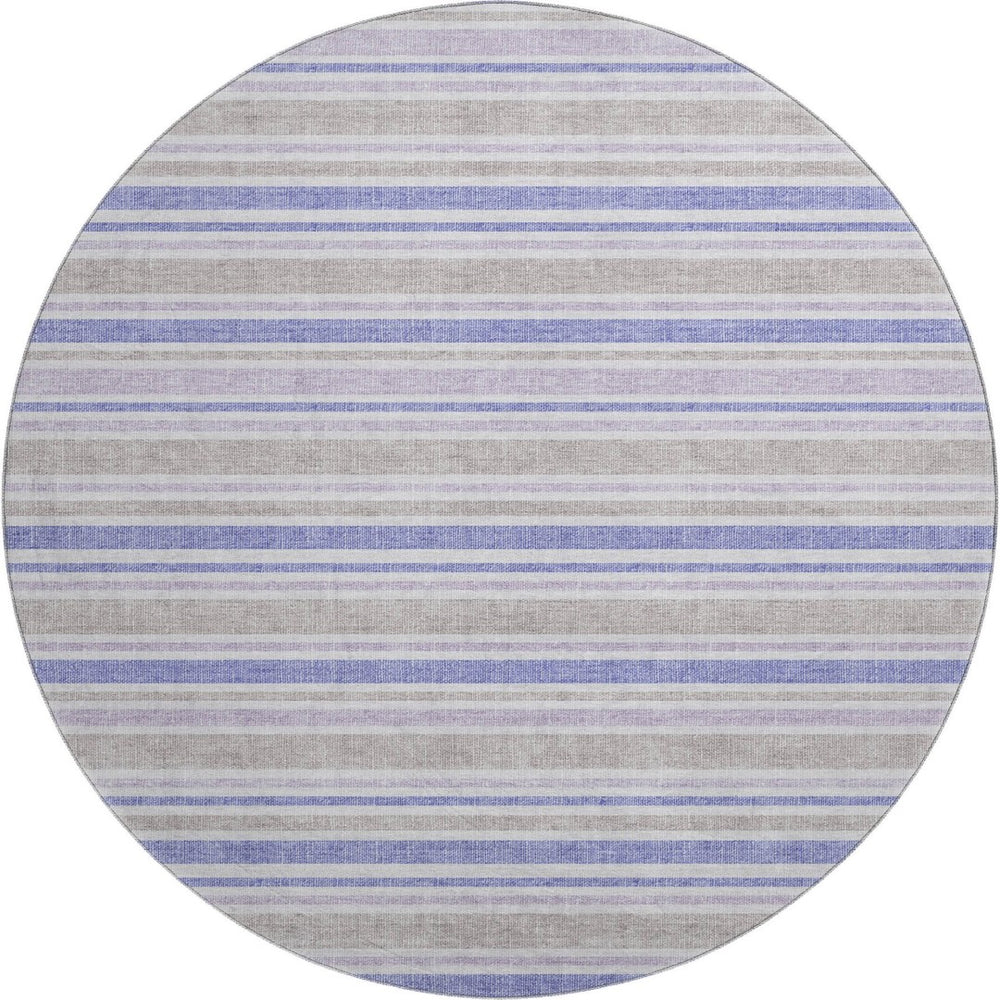HomeRoots 8' Navy Blue & Lavender Striped Washable Round Rug - Durable, Stain-Resistant, UV Protected Design 647839