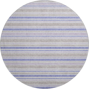 HomeRoots 8' Navy Blue & Lavender Striped Washable Round Rug - Durable, Stain-Resistant, UV Protected Design 647839