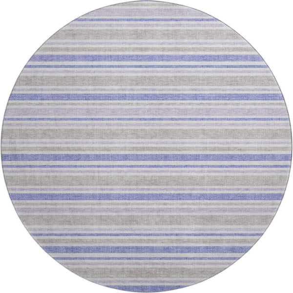 HomeRoots 8' Navy Blue & Lavender Striped Washable Round Rug - Durable, Stain-Resistant, UV Protected Design 647839