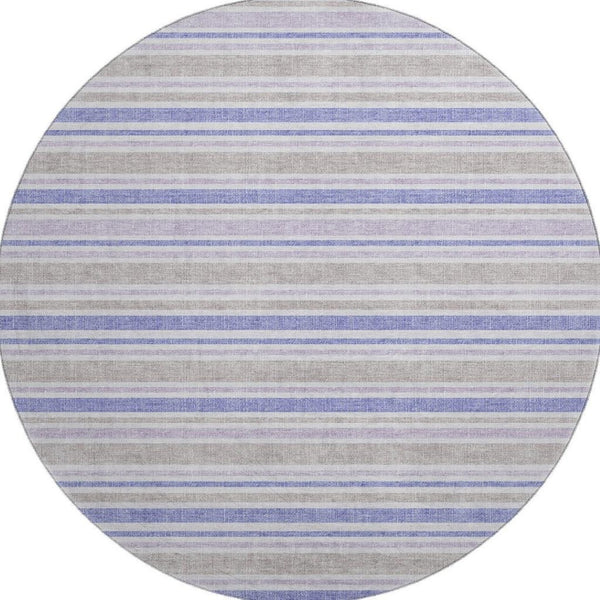 HomeRoots 8' Navy Blue & Lavender Striped Washable Round Rug - Durable, Stain-Resistant, UV Protected Design 647839