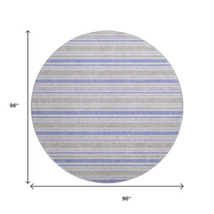 HomeRoots 8' Navy Blue & Lavender Striped Washable Round Rug - Durable, Stain-Resistant, UV Protected Design 647839