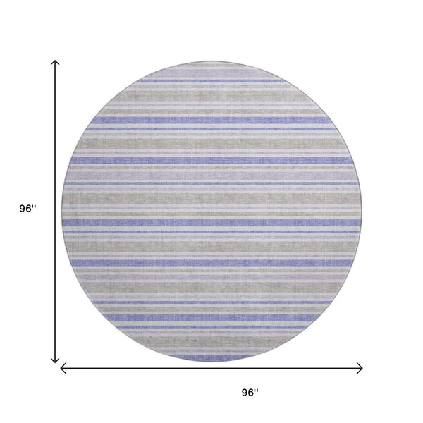 HomeRoots 8' Navy Blue & Lavender Striped Washable Round Rug - Durable, Stain-Resistant, UV Protected Design 647839