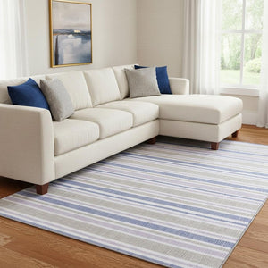 HomeRoots 8' X 10' Navy Blue & Lavender Striped Washable Area Rug - Durable, Stain-Resistant, UV Protected! 647840