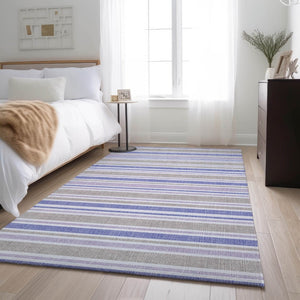 HomeRoots 8' X 10' Navy Blue & Lavender Striped Washable Area Rug - Durable, Stain-Resistant, UV Protected! 647840