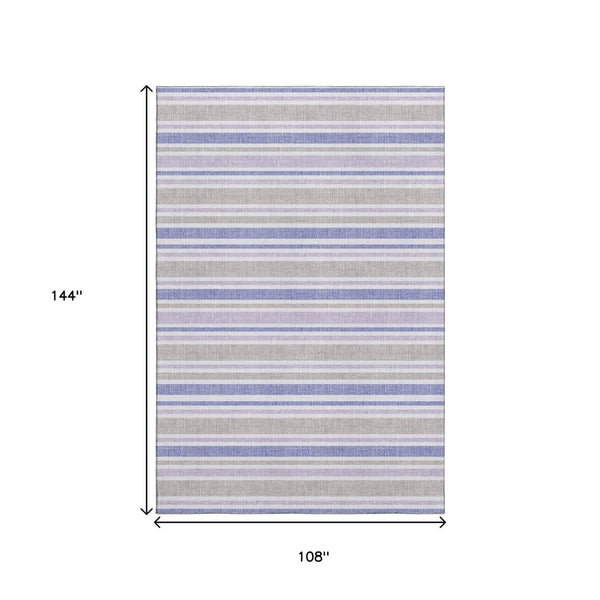 HomeRoots 9' X 12' Navy Blue & Lavender Striped Area Rug - Durable, Washable, UV Protected for Busy Homes 647841