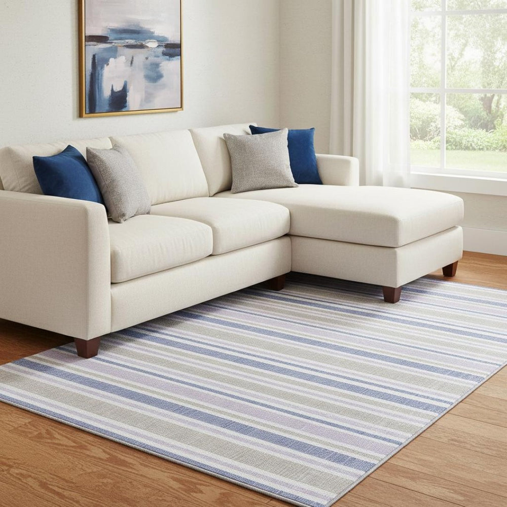 HomeRoots 9' X 12' Navy Blue & Lavender Striped Area Rug - Durable, Washable, UV Protected for Busy Homes 647841
