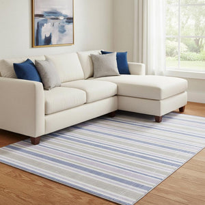 HomeRoots 9' X 12' Navy Blue & Lavender Striped Area Rug - Durable, Washable, UV Protected for Busy Homes 647841