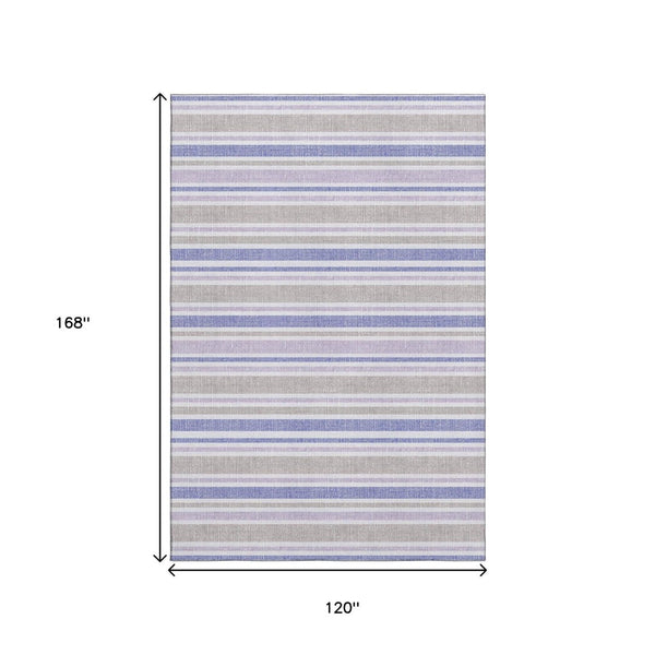 HomeRoots 10' X 14' Navy Blue & Lavender Striped Washable Area Rug with UV Protection for Stylish Spaces 647842