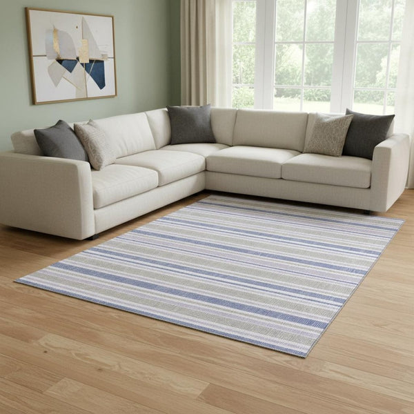 HomeRoots 10' X 14' Navy Blue & Lavender Striped Washable Area Rug with UV Protection for Stylish Spaces 647842