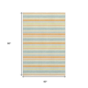 HomeRoots 5' X 8' Striped Area Rug in Vibrant Orange, Green & Blue – Washable, UV Protected & Durable Design 647844