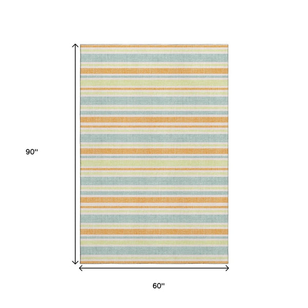HomeRoots 5' X 8' Striped Area Rug in Vibrant Orange, Green & Blue – Washable, UV Protected & Durable Design 647844