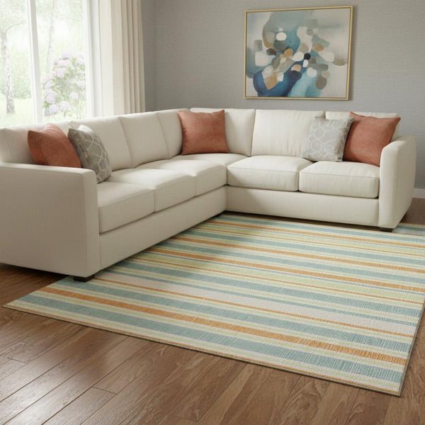 HomeRoots 8' X 10' Striped Washable Area Rug in Vibrant Orange, Green, and Blue – UV Protection, Durable & Stylish! 647846