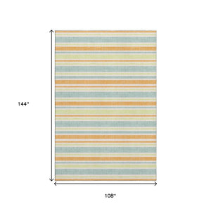 HomeRoots 9' X 12' Striped Area Rug in Vibrant Orange, Green & Blue – UV Protected, Stain Resistant, Durable Design 647847