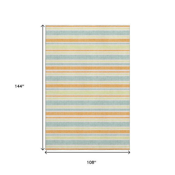 HomeRoots 9' X 12' Striped Area Rug in Vibrant Orange, Green & Blue – UV Protected, Stain Resistant, Durable Design 647847