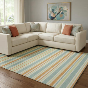 HomeRoots 9' X 12' Striped Area Rug in Vibrant Orange, Green & Blue – UV Protected, Stain Resistant, Durable Design 647847