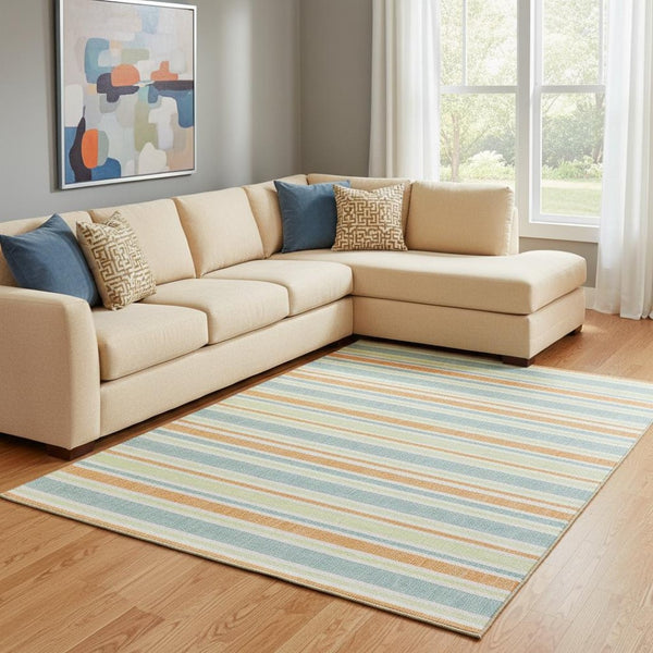HomeRoots 9' X 12' Striped Area Rug in Vibrant Orange, Green & Blue – UV Protected, Stain Resistant, Durable Design 647847