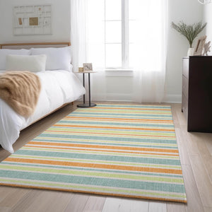 HomeRoots 9' X 12' Striped Area Rug in Vibrant Orange, Green & Blue – UV Protected, Stain Resistant, Durable Design 647847