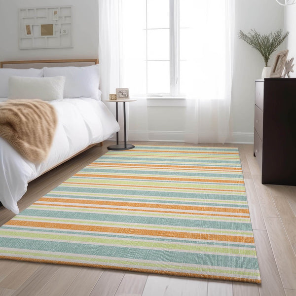 HomeRoots 9' X 12' Striped Area Rug in Vibrant Orange, Green & Blue – UV Protected, Stain Resistant, Durable Design 647847