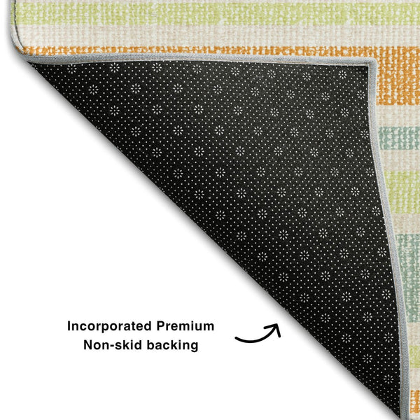 HomeRoots 9' X 12' Striped Area Rug in Vibrant Orange, Green & Blue – UV Protected, Stain Resistant, Durable Design 647847