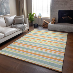 HomeRoots 9' X 12' Striped Area Rug in Vibrant Orange, Green & Blue – UV Protected, Stain Resistant, Durable Design 647847