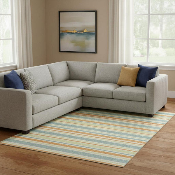 HomeRoots 10' Bold Orange, Green & Blue Striped Washable Area Rug with UV Protection for High-Traffic Spaces 647848