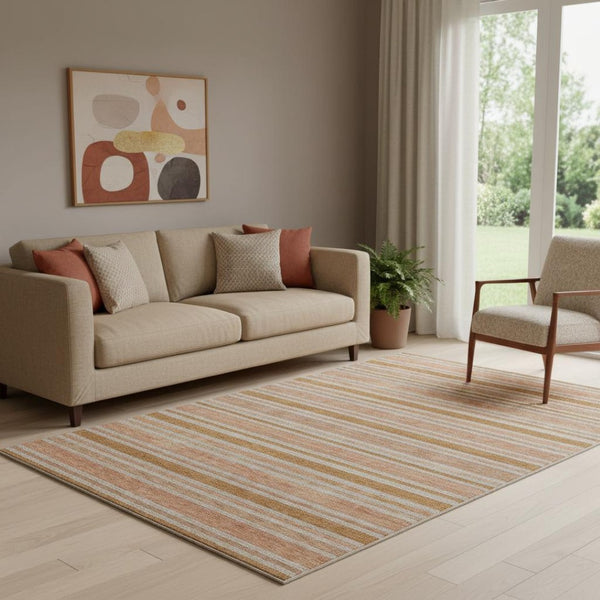 HomeRoots 5' X 8' Striped Area Rug in Rust and Beige – Washable, Stain Resistant, UV Protected for Homes 647850