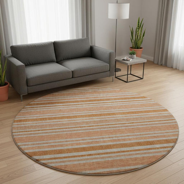 HomeRoots 8' Washable Round Rug in Rust & Beige Stripes - Durable, UV-Protected, Stain-Resistant Design for Homes 647851
