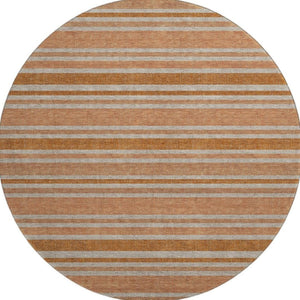 HomeRoots 8' Washable Round Rug in Rust & Beige Stripes - Durable, UV-Protected, Stain-Resistant Design for Homes 647851