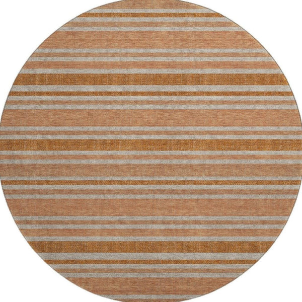 HomeRoots 8' Washable Round Rug in Rust & Beige Stripes - Durable, UV-Protected, Stain-Resistant Design for Homes 647851