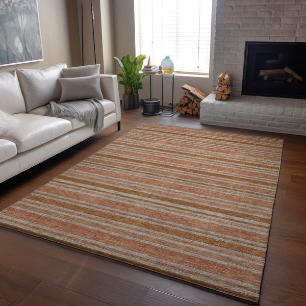 HomeRoots 8' X 10' Washable Rust and Beige Striped Area Rug - UV Protected, Stain Resistant, Perfect for Families! 647852