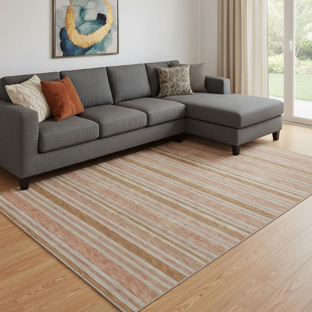 HomeRoots 10' X 14' Durable Washable Area Rug in Rust and Beige Stripes – UV Protected, Stain Resistant Design 647854