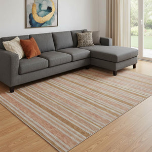 HomeRoots 10' X 14' Durable Washable Area Rug in Rust and Beige Stripes – UV Protected, Stain Resistant Design 647854