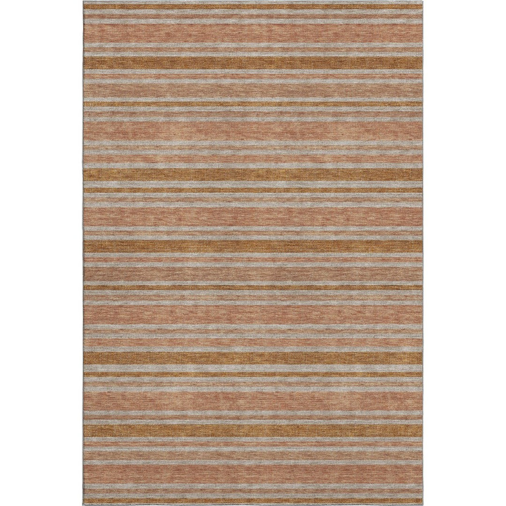 HomeRoots 10' X 14' Durable Washable Area Rug in Rust and Beige Stripes – UV Protected, Stain Resistant Design 647854