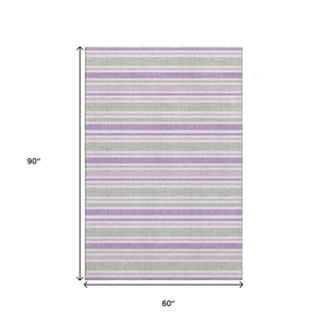HomeRoots 5' X 8' Pearl & Purple Striped Washable Area Rug with UV Protection - Perfect for Homes with Kids & Pets! 647856