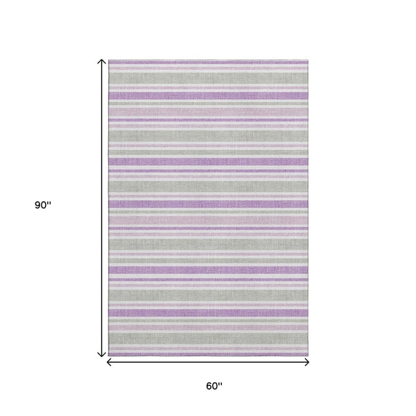 HomeRoots 5' X 8' Pearl & Purple Striped Washable Area Rug with UV Protection - Perfect for Homes with Kids & Pets! 647856