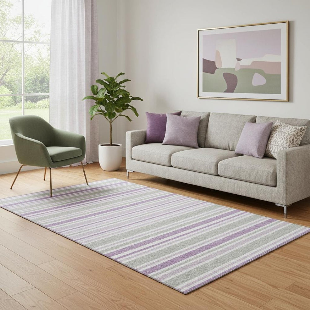 HomeRoots 5' X 8' Pearl & Purple Striped Washable Area Rug with UV Protection - Perfect for Homes with Kids & Pets! 647856