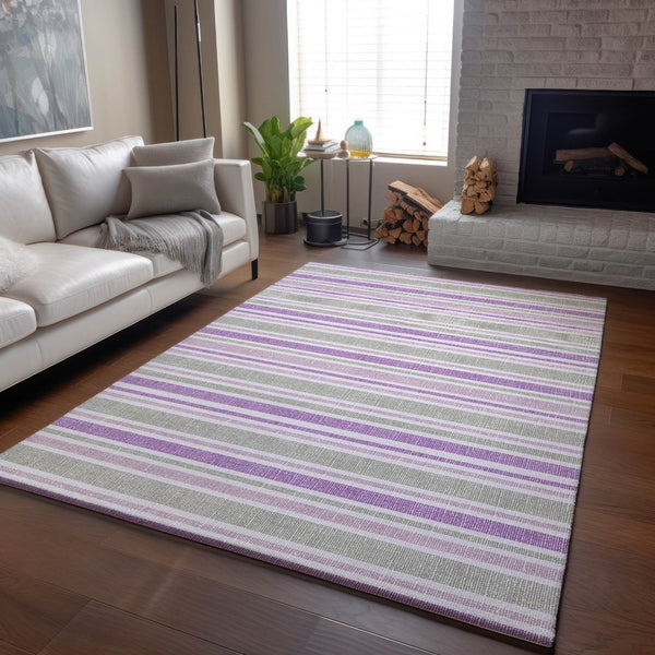 HomeRoots 5' X 8' Pearl & Purple Striped Washable Area Rug with UV Protection - Perfect for Homes with Kids & Pets! 647856