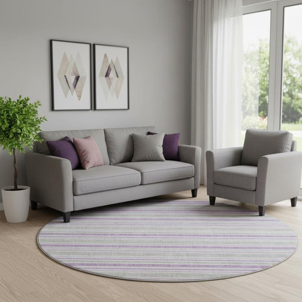HomeRoots 8' Pearl and Purple Striped Washable Round Rug – Durable, UV-Protected, Ideal for Indoor & Outdoor Use! 647857