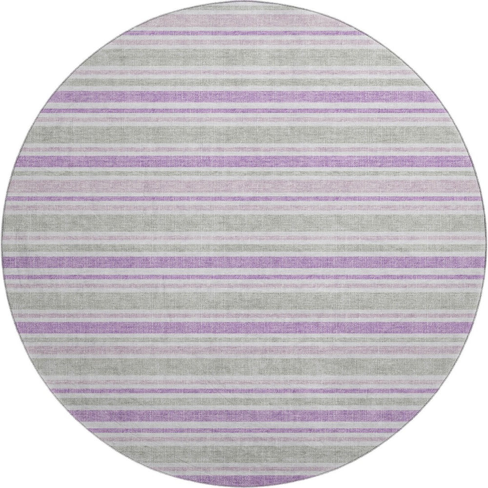 HomeRoots 8' Pearl and Purple Striped Washable Round Rug – Durable, UV-Protected, Ideal for Indoor & Outdoor Use! 647857
