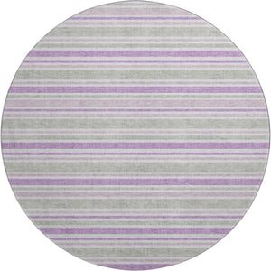 HomeRoots 8' Pearl and Purple Striped Washable Round Rug – Durable, UV-Protected, Ideal for Indoor & Outdoor Use! 647857