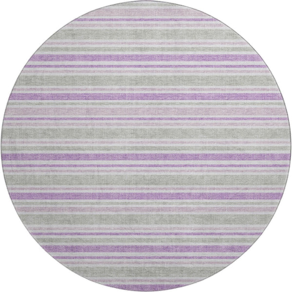 HomeRoots 8' Pearl and Purple Striped Washable Round Rug – Durable, UV-Protected, Ideal for Indoor & Outdoor Use! 647857