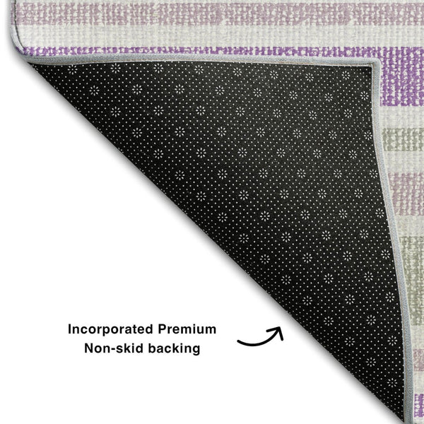 HomeRoots 8' Pearl and Purple Striped Washable Round Rug – Durable, UV-Protected, Ideal for Indoor & Outdoor Use! 647857