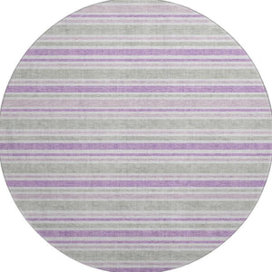 HomeRoots 8' Pearl and Purple Striped Washable Round Rug – Durable, UV-Protected, Ideal for Indoor & Outdoor Use! 647857