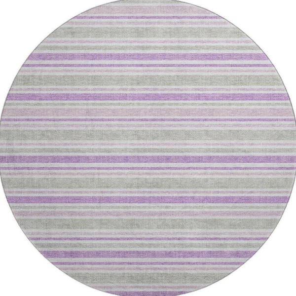 HomeRoots 8' Pearl and Purple Striped Washable Round Rug – Durable, UV-Protected, Ideal for Indoor & Outdoor Use! 647857
