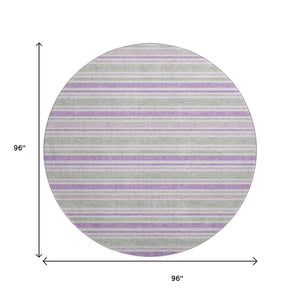 HomeRoots 8' Pearl and Purple Striped Washable Round Rug – Durable, UV-Protected, Ideal for Indoor & Outdoor Use! 647857