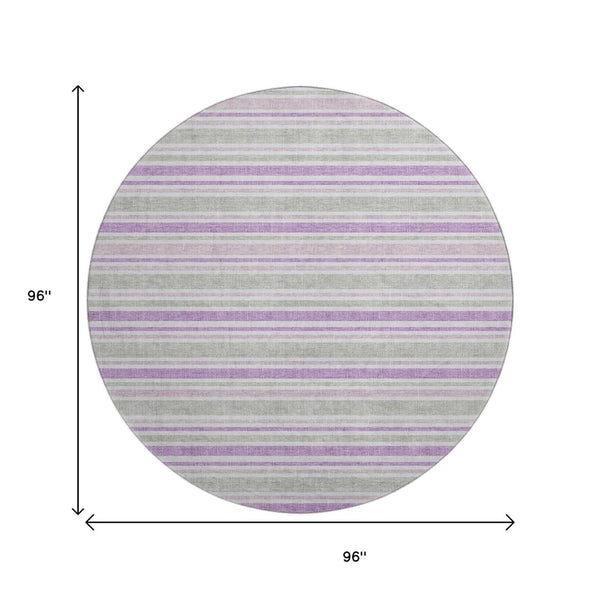 HomeRoots 8' Pearl and Purple Striped Washable Round Rug – Durable, UV-Protected, Ideal for Indoor & Outdoor Use! 647857